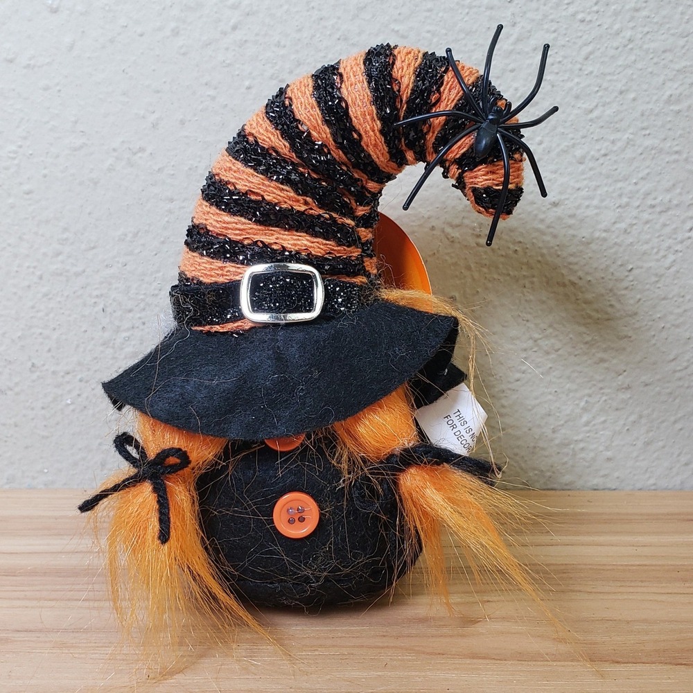 Halloween Gnome Girl Fall Decor Witch Hat Orange Black Bats Cutesy Festive NWT